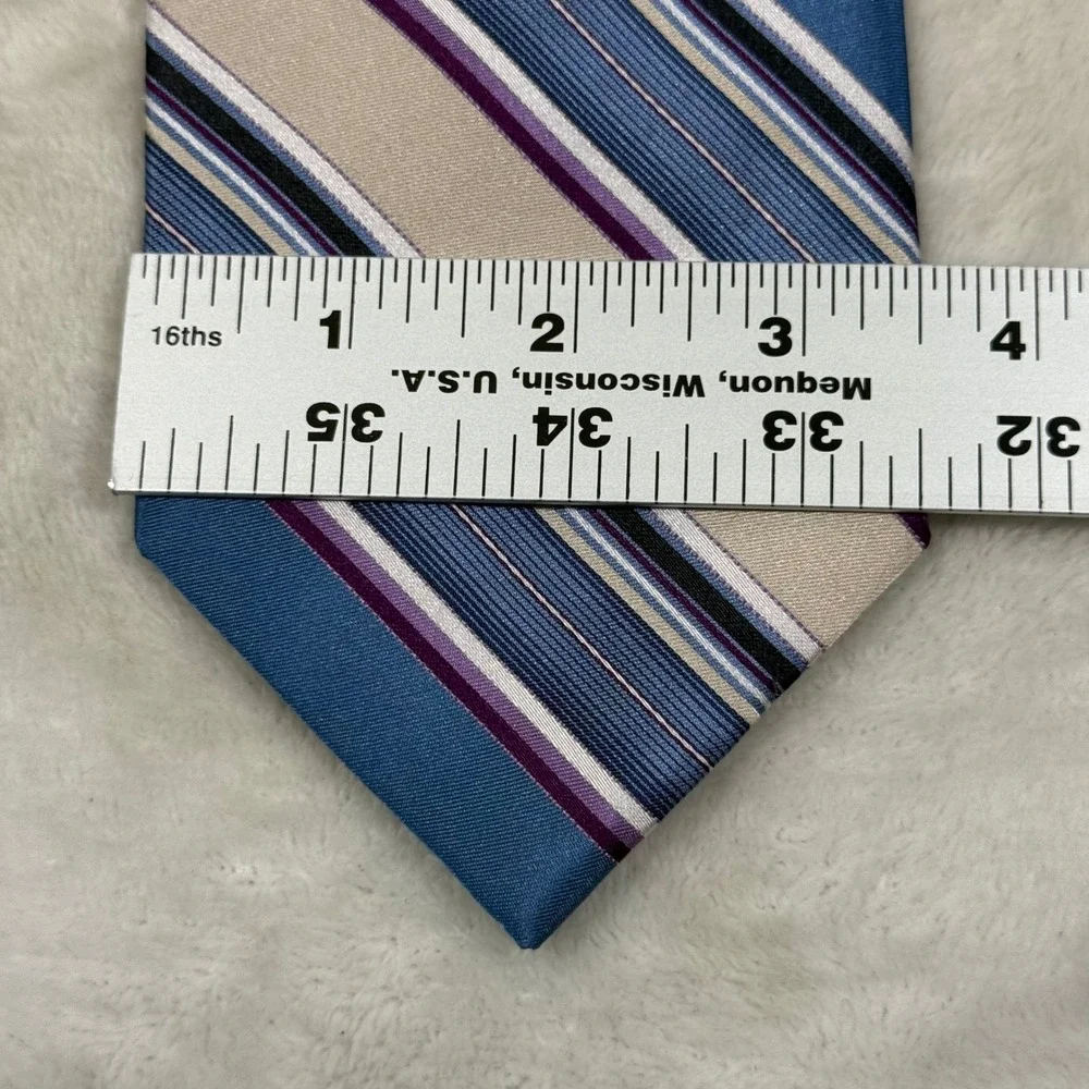 Croft & Barrow Mens Silk Necktie Blue Purple Silver Striped Hand Made 3.5 Inch